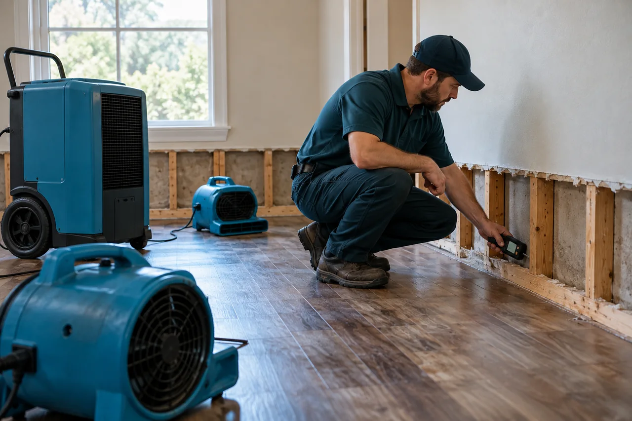 Illustrative technician checking a wall with drying equipment nearby on home page, linked to structural drying