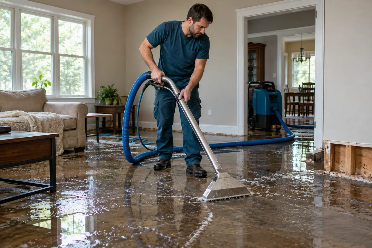 Illustrative technician removing water from a flooded living room floor on home page, linked to water removal & extraction
