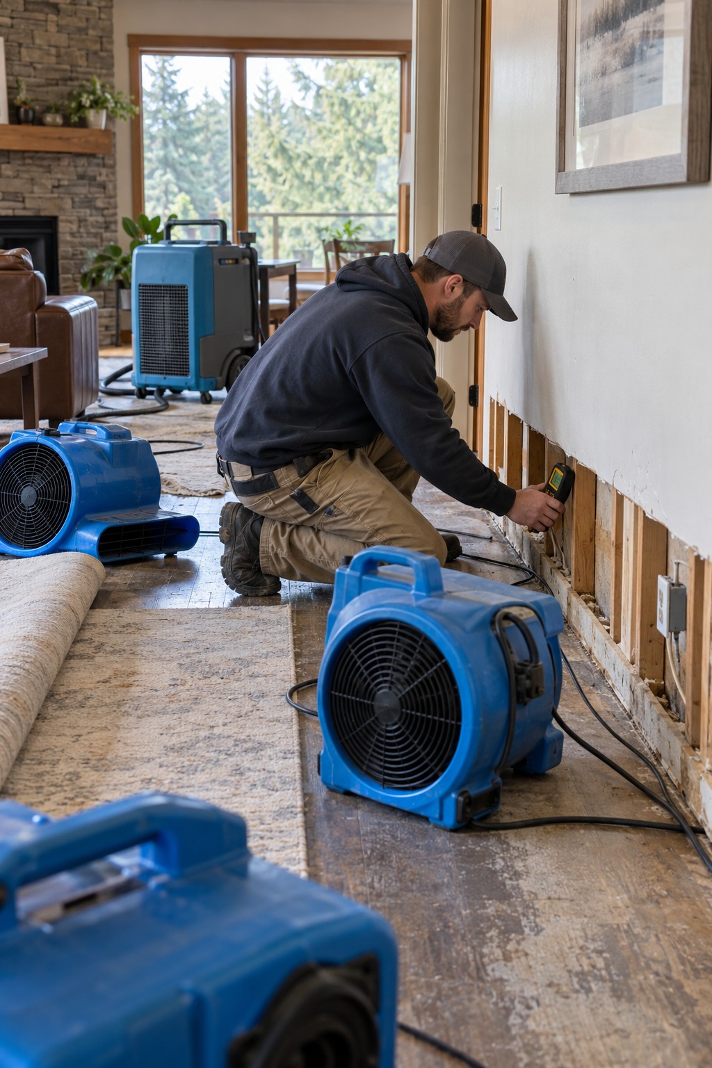 Illustrative moisture reading beside an affected wall and drying equipment