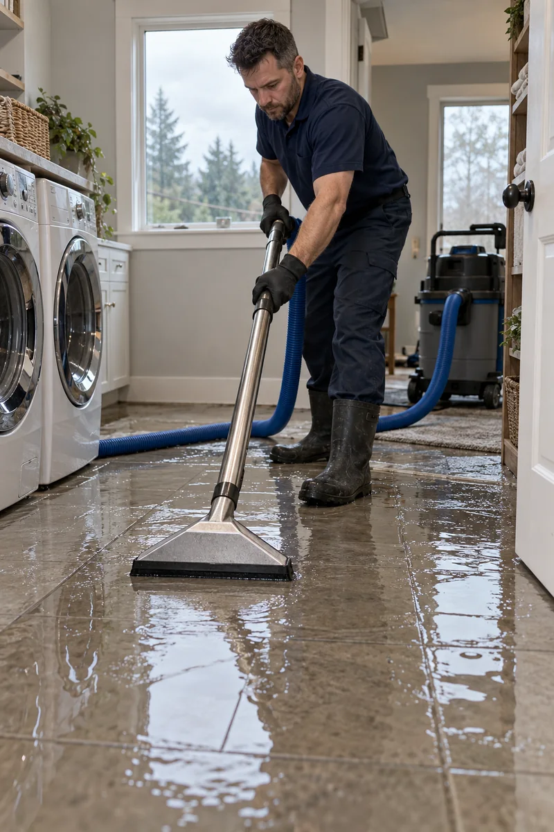 Illustrative water extraction hose removing standing water from a laundry room floor