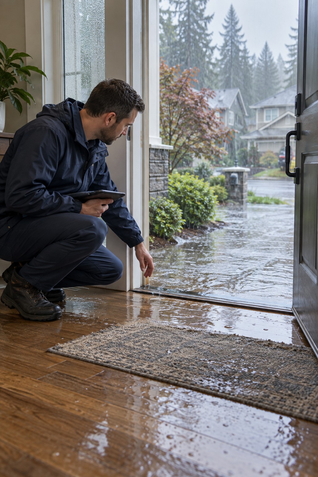 Illustrative rainwater reaching a home entryway during a storm