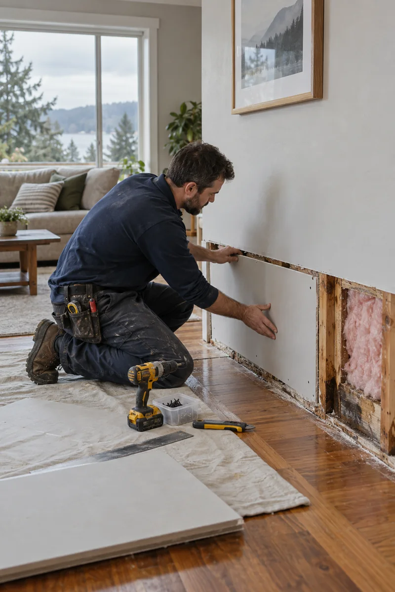 Illustrative contractor fitting lower drywall during water damage repairs