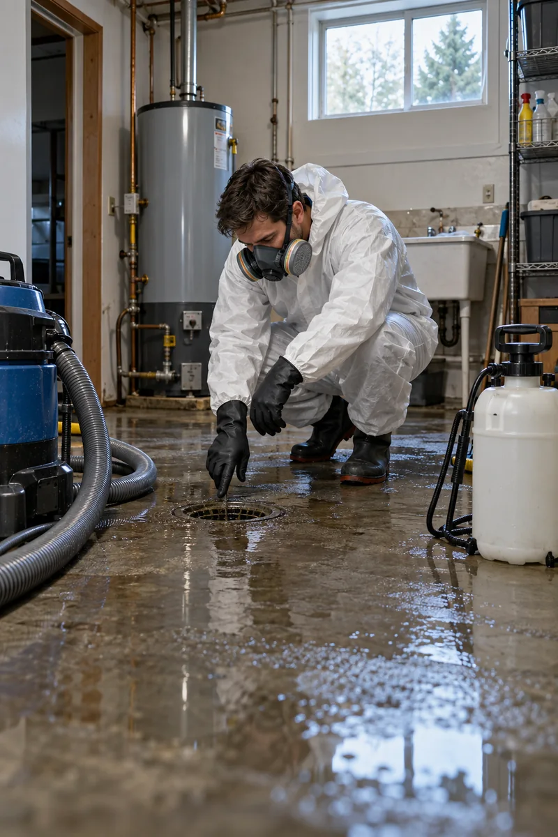 Illustrative protective cleanup assessment beside a wet utility-room drain