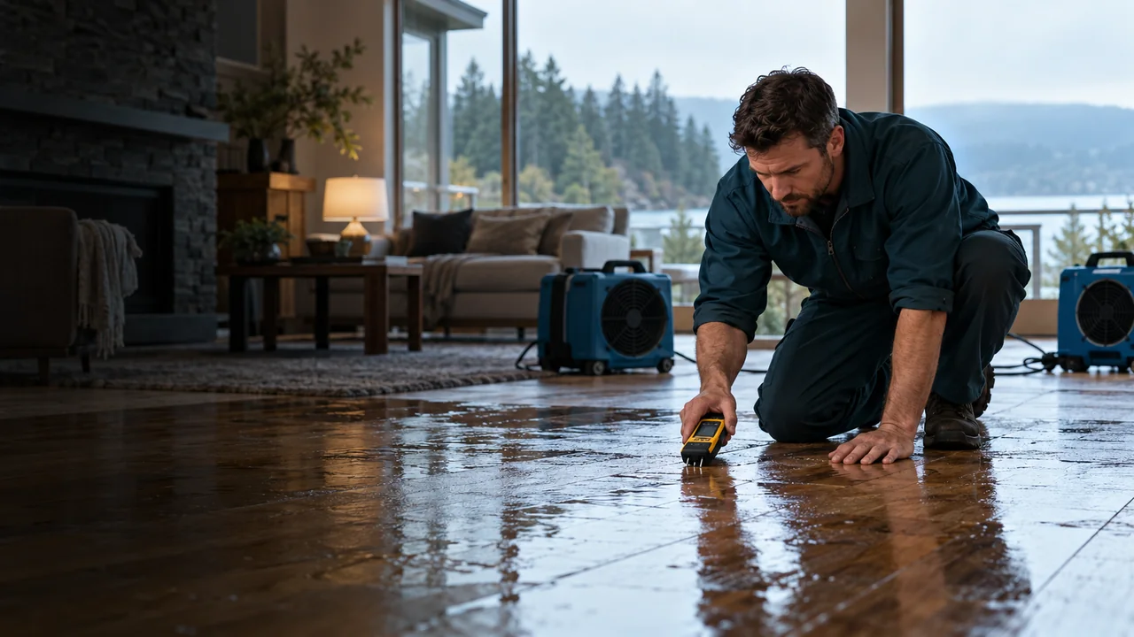 Illustrative technician checking a wet living room floor on home page, linked to emergency water damage