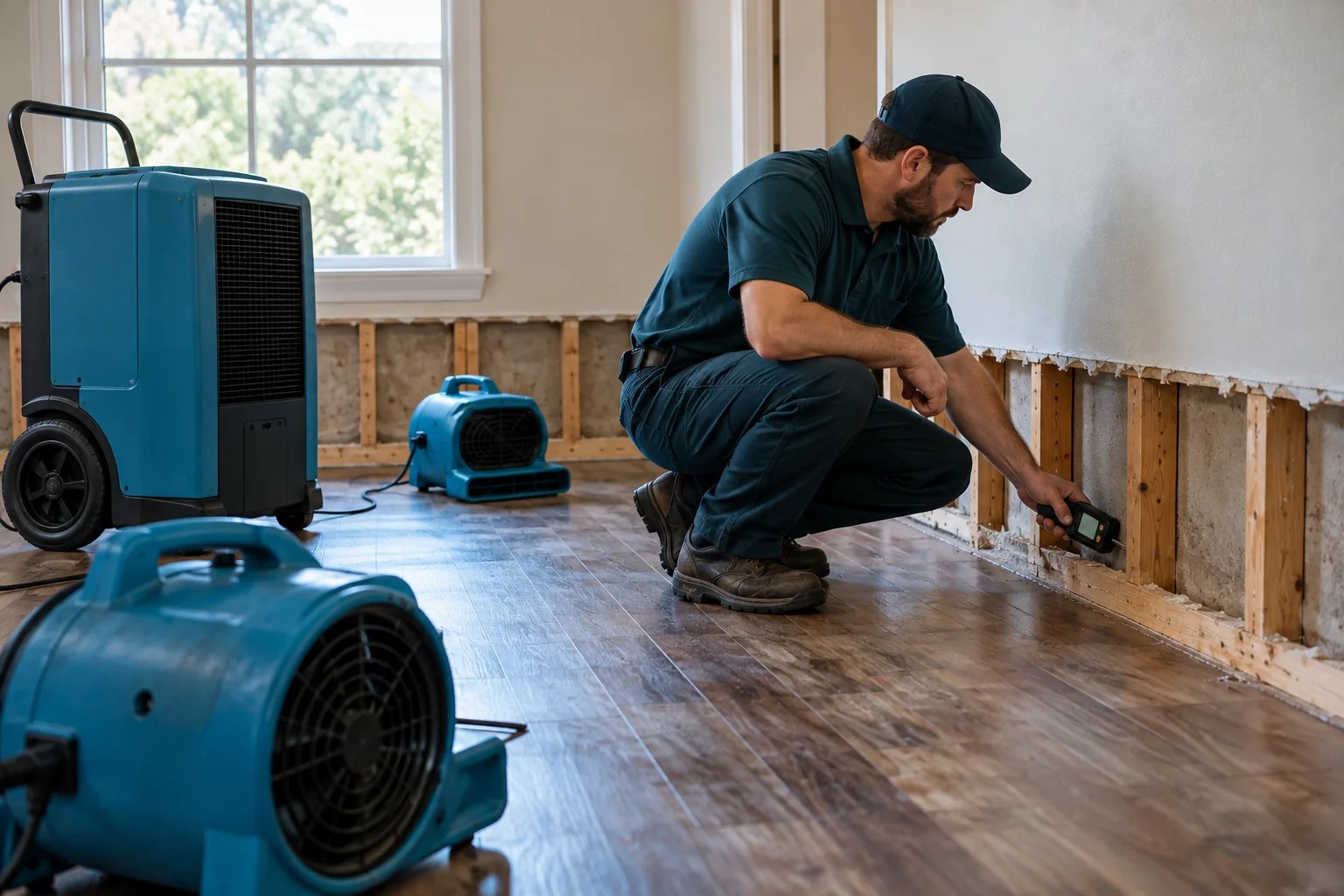 Illustrative technician checking a wall with drying equipment nearby for structural drying & dehumidification in bothell, wa