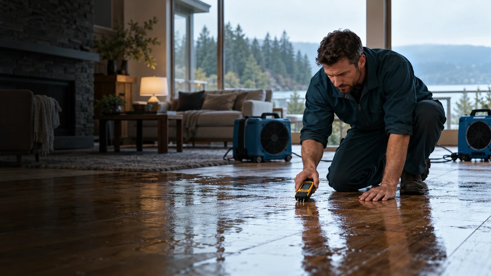 Illustrative technician checking a wet living room floor for flood & storm water damage in bothell, wa